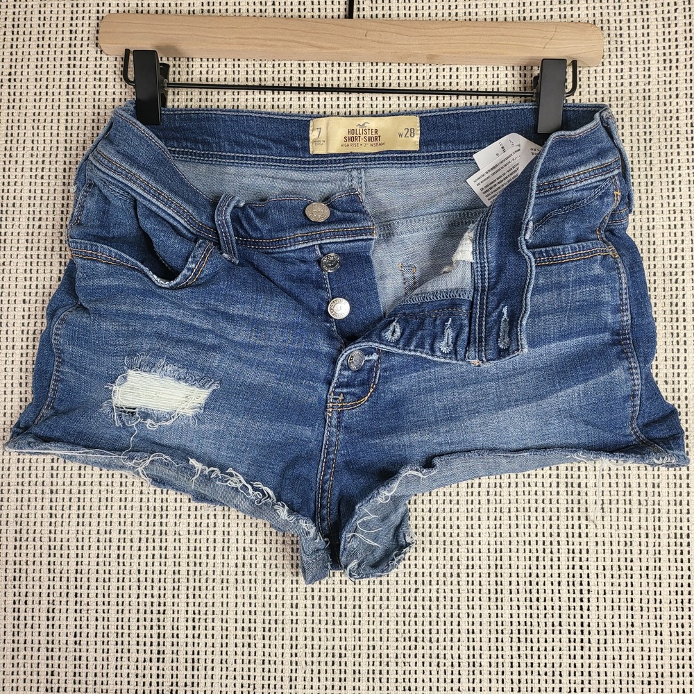 Hollister Shorts Womens 7 W28 Blue Denim High Rise Short-Short Distressed Ripped